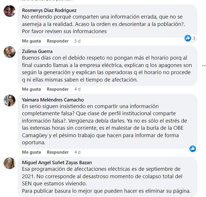 Captura de pantalla de los comentarios que realizaron varios usuarios a una publicación de la Empresa Eléctrica de Camagüey en Facebook.